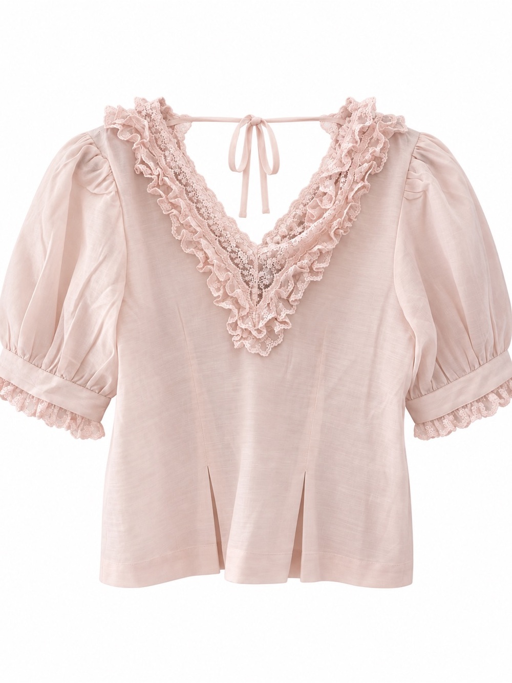 Soft Pink Lace-Trim Puff Sleeve Top